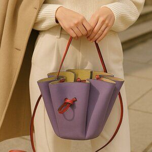 LANVIN Expandable Flower Drawstring Bucket Bag Purse Purple Leather Tulip France